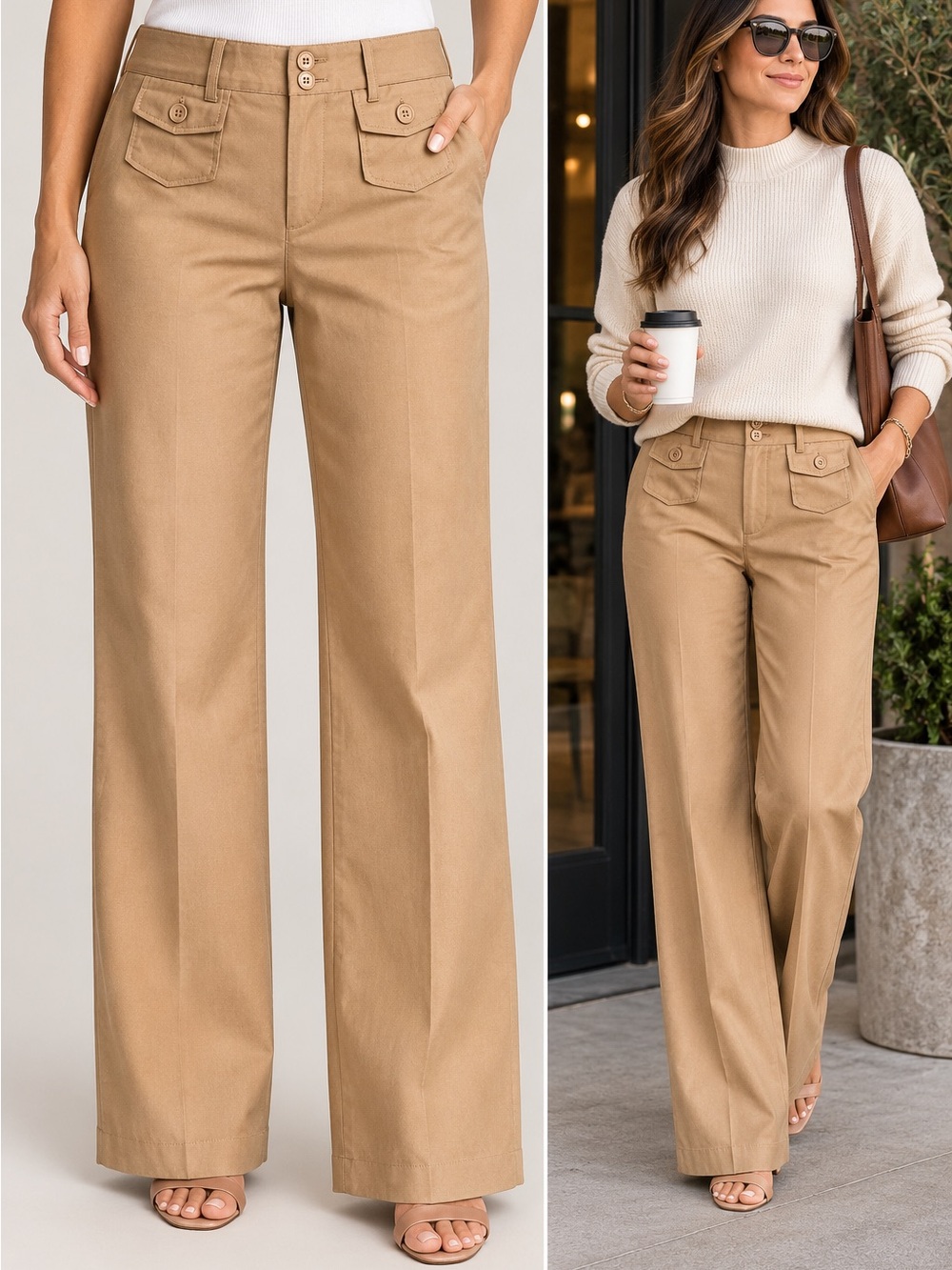 Flamingals Wide-Leg High-Rise Pants in Tan with Button-Flap Pockets XL